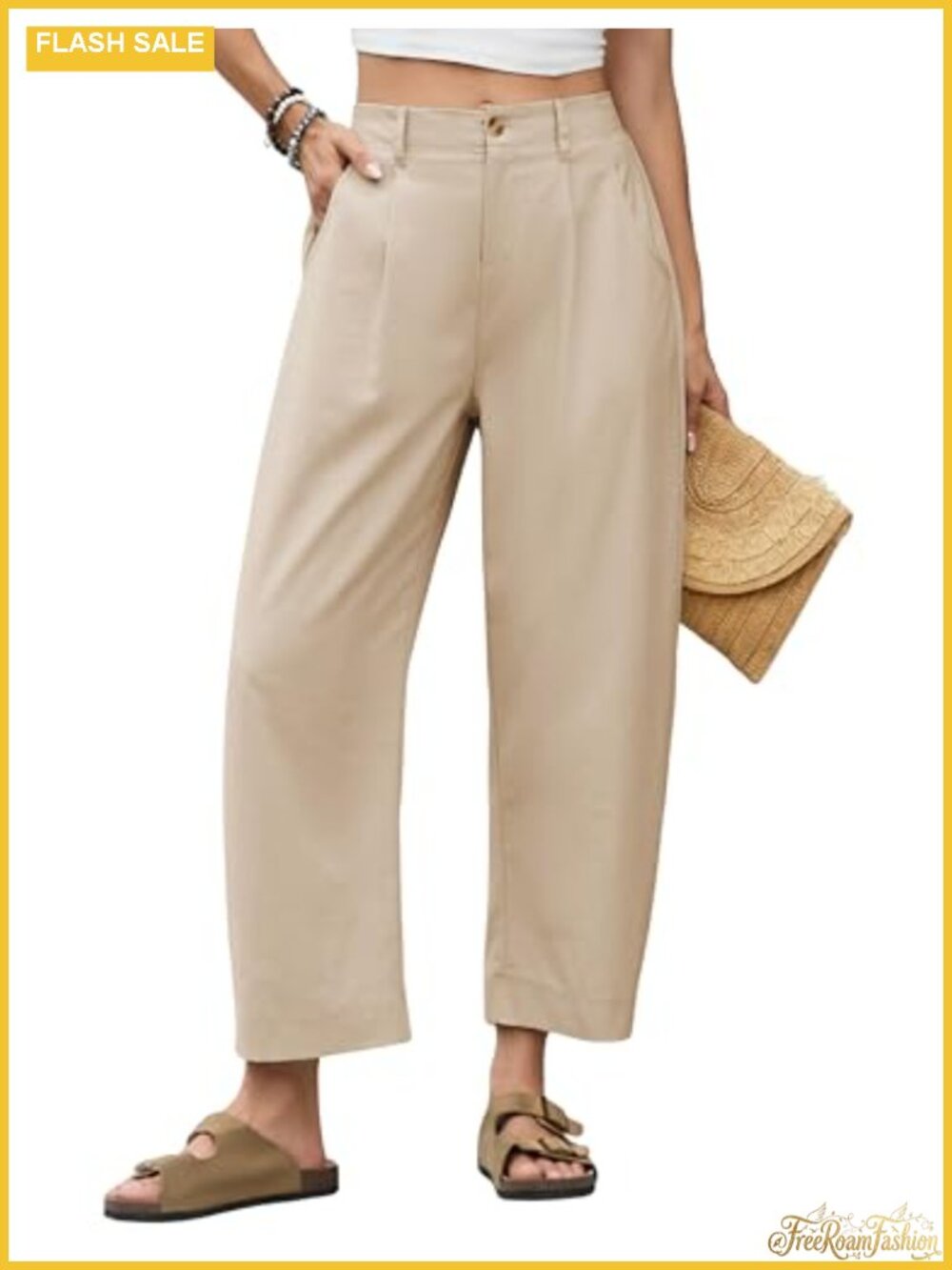 High Waisted Barrel Leg Linen Capri Pants Wide Leg Palazzo Trousers with Pockets